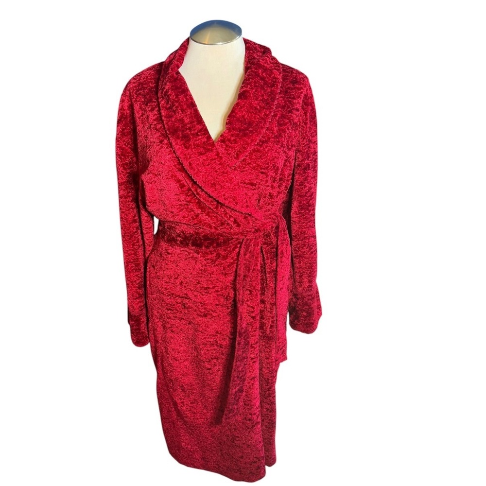 Delicates Womens Red Plush Shawl Collar Belted Robe Large RN 93677